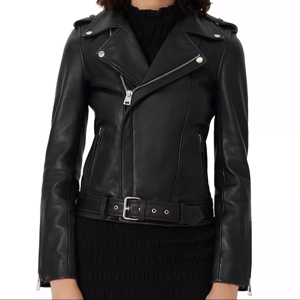 MAJE Bovelic Belted Leather Jacket, Size 40, LRG